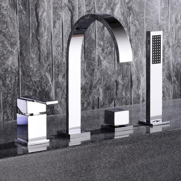 Dree Double Handle 4-Hole Roman Tub Faucet with Hand Shower Modern Style Solid Brass
